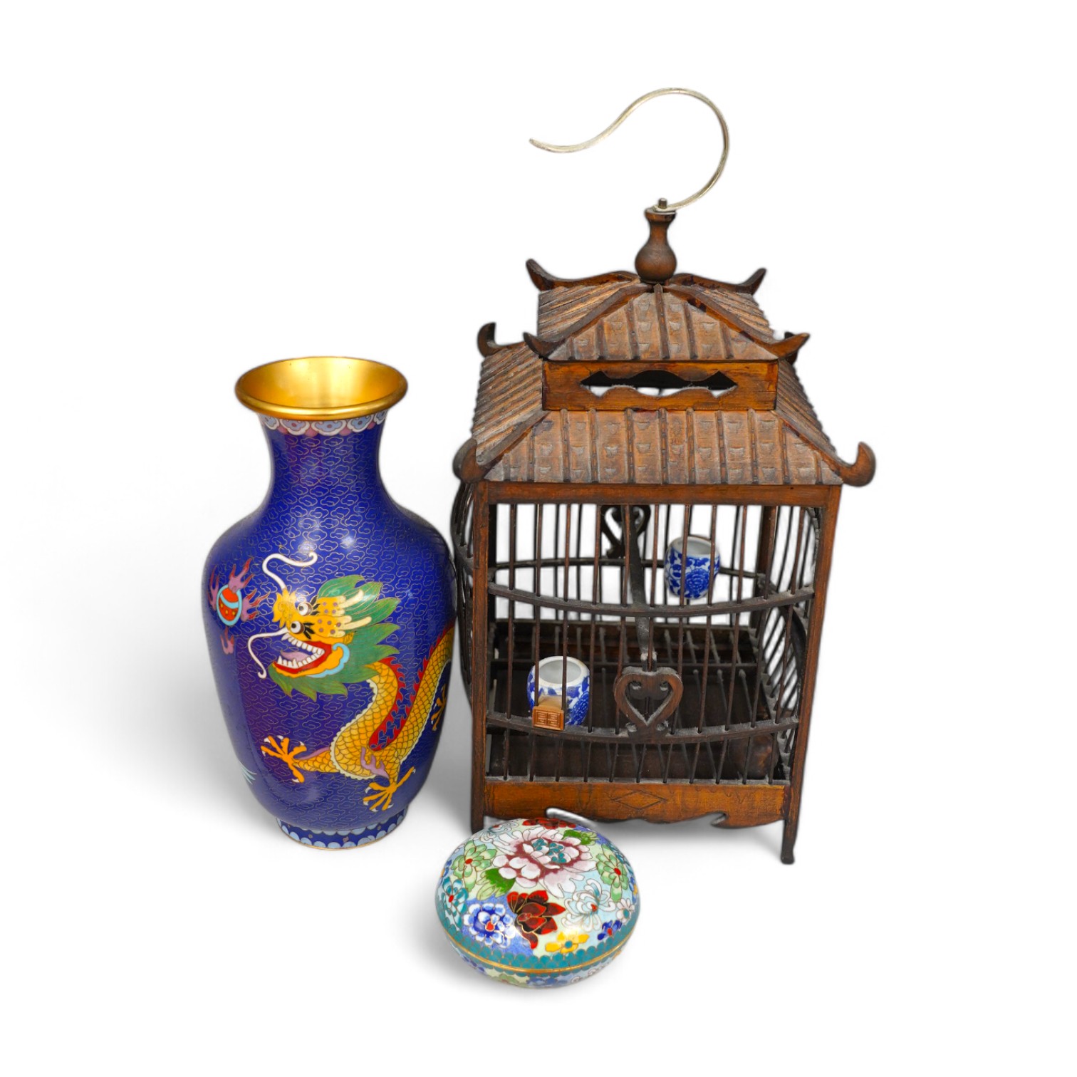 A Chinese birdcage, cloisonné enamel vase and circular box and cover, tallest 39cm. Condition - fair to good